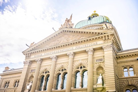 Beautiful Bundeshaus Parliament Building or Federal Palace in a Sunny Day in City of Bern, Canton