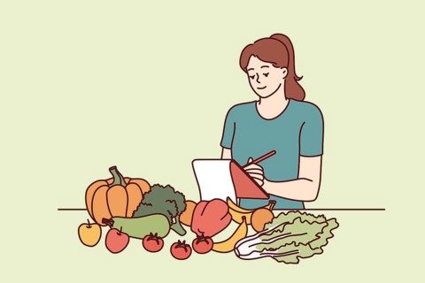 Woman nutritionist is standing near table with vegetables and making notes in notebook, making plan