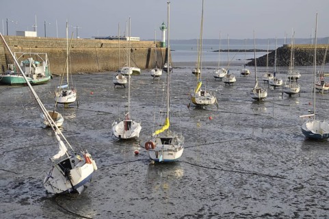 Saint Quay Portrieux, Sailboats rest on mud flats during low tide in a serene harbor with a distant