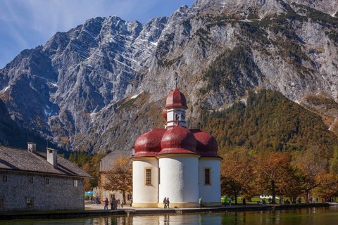 Pilgrimage church St. Bartholomä with Watzmann east face at Königssee in autumn, Schönau,