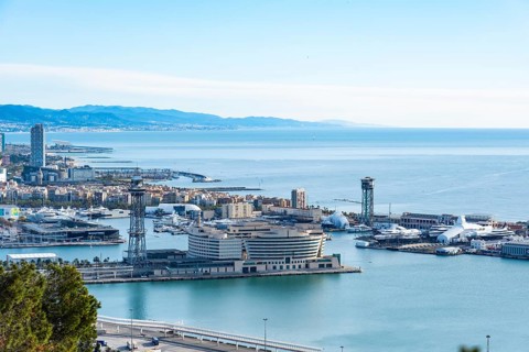 View of the Old Harbour and the sea from Montjuic in Barcelona, Spain, Europe