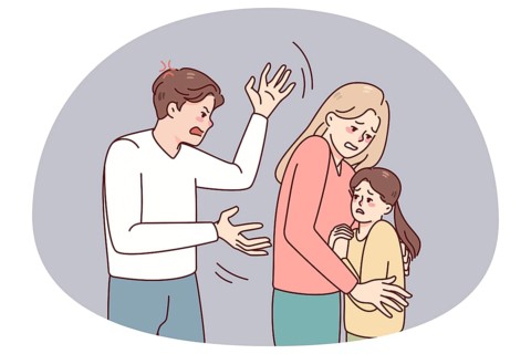 Mother protect child from aggressive father. Woman hide kid from authoritarian husband. Family