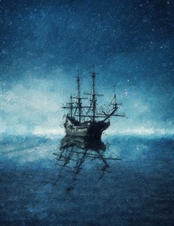 Beautiful painting of a ghost ship floating on the blue sea under the starry night sky. Wonderful