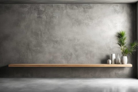 Modern minimalistic interior with concrete walls and floor, featuring a wooden shelf with