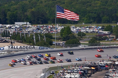 The NASCAR Xfinity Series races in the pack during the Spark Energy 300 at Talladega Superspeedway