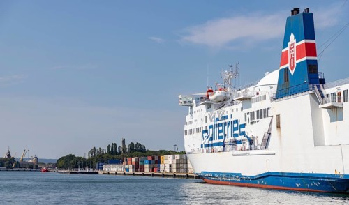 A picture of a large passenger and roll on-roll off cargo ship from Polferries docked in the Port