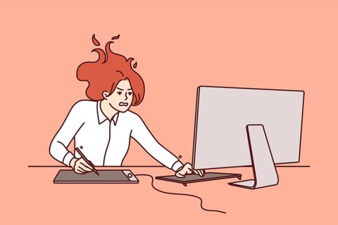 Nervous woman freelancer sitting at computer, feeling pressure due to tight deadlines to complete