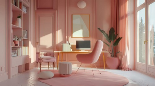 Cozy modern home office with pink hues and neat setup, bathed in natural light, 3D illustration,