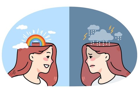 Young woman with bad mood and good mood. Unhappy and happy girl emotions. Concept of human