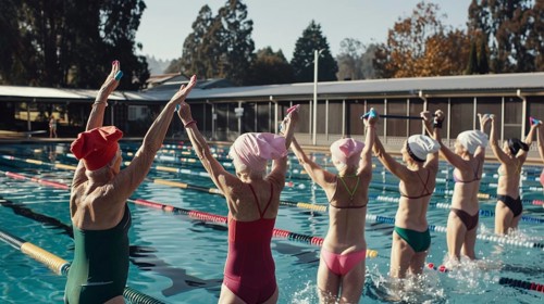 Elderly women united in joyful exercise in the pool, raising their arms in an outdoor swimming