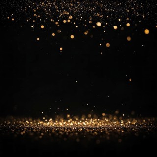 Glowing gold particles floating against a black background, resembling a starry night sky, AI