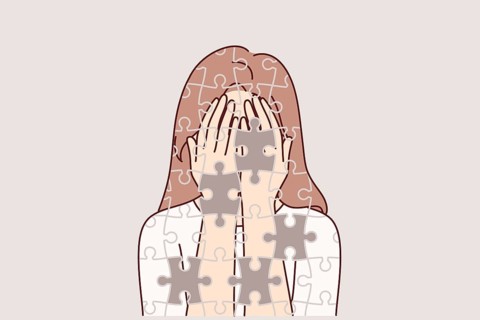 Depressed girl suffers from self-destruction and personality destruction, consists of mosaic with