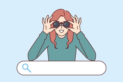 Woman is looking for necessary information standing over search bar and using binoculars. Concept