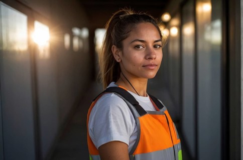 Confident woman in a reflective safety vest standing in a corridor with soft lighting, AI generated