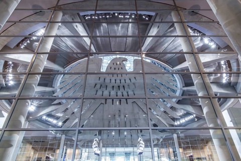 Federal Eagle in the Reichstag, Berlin, Germany, Modern glass façade with reflections and