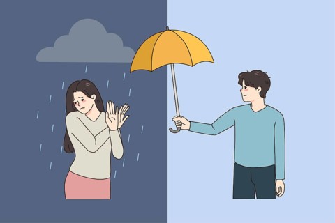 Depressed woman refuse from male friend help cover her with umbrella from rain. Unhappy girl suffer