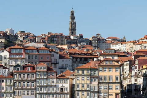 Roofs, historic house facades and the Torre dos Clérigos church tower in the historic centre of