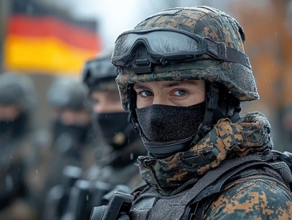 A masked soldier stands with her unit, wearing a helmet in a winter setting, with the German flag