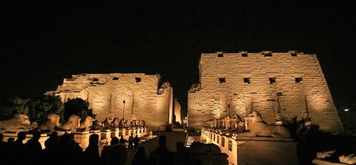 Illuminated great Amun temple of Karnak at night, Luxor, Egypt, Africa