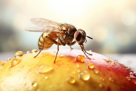 Close-up of a fruit fly, fruit fly, vinegar fly (Drosophila Melanogaster) on fruit, AI generated