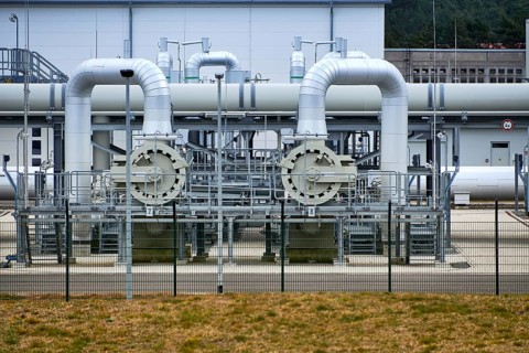 Germany, 3 April 2022: Gas pipes, connections, equipment and pressure reducers at the landfall site