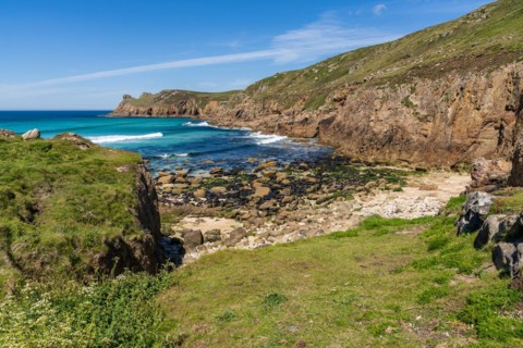 Celtic Sea Coast and cliffs in Nanjizal Beach, Cornwall, England, UK