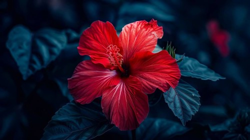 A vibrant red hibiscus flower with lush green leaves against a dark, moody background, AI generated
