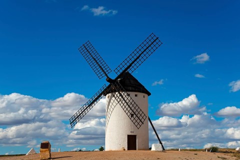 A windmill under a clear, cloudy sky, Campo de Criptana, Ciudad Real province, Castilla-La Mancha,