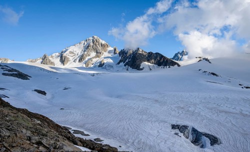 High alpine mountain landscape, summit of the Aiguille de Chardonnet and Glacier du Tour, glaciers