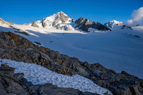 High alpine mountain landscape, summit of the Aiguille de Chardonnet and Glacier du Tour, glaciers