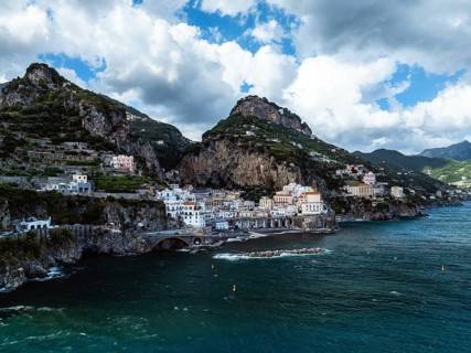 Amalfi from a drone, Salerno, Campania, Italy, Europe