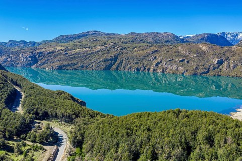Lake Lago Verde at the carretera austral west of village Villa Cerro Castillo on a calm day,