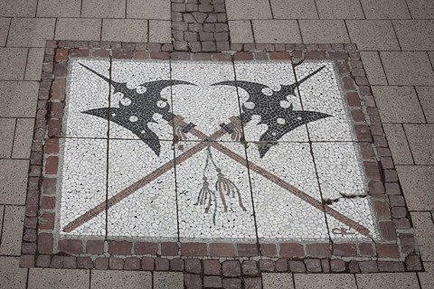 Floor mosaic with two crossed lances, cross, coat of arms, thrusting weapon, polearm, Middle Ages,