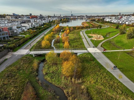 Dortmund, North Rhine-Westphalia, Germany, Phoenix Lake, front of the renaturalised Emscher. The