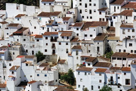 Typical white village of Casares, houses on the hillside, close-up, Route of the white villages,