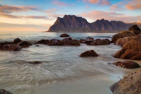 Evening atmosphere at Uttakleiv beach, Leknes, Nordland, Lofoten, Norway, Europe