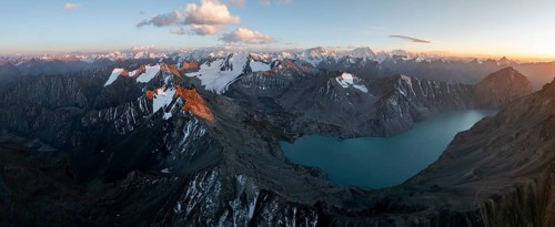 Evening mood, mountain panorama, aerial view, 4000 metre peak with glacier, mountain pass and