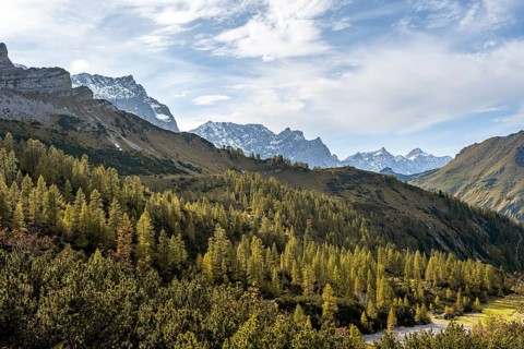 Mountain panorama with steep rocky peaks, yellow-coloured larches in autumn, hike to the summit of