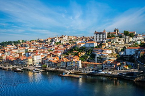 View of Porto city and Douro river from famous tourist viewpoint Miradouro da Serra do Pilar on