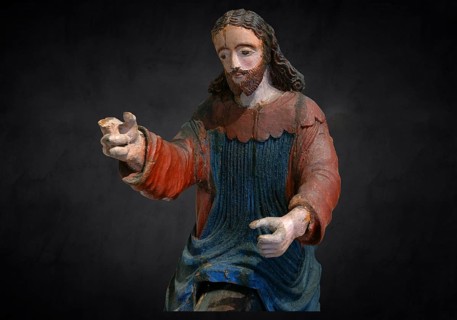 Christ on the palm donkey, on a dark background, detail, wooden figure from around 1400, Museum