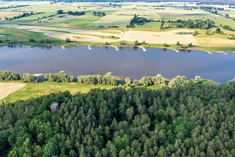 Aerial view of viewpoint Kiepenberg near Elbe river, wooden tower west of village Hitzacker,