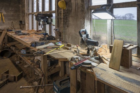 Workbench with drill stand and circular saw in a workshop, Mecklenburg-Vorpommern, Germany, Europe