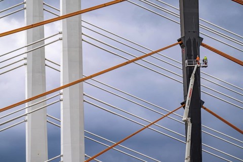 The new Rhine bridge Neuenkamp, the A40, white pillar ropes, and the old motorway bridge, which is