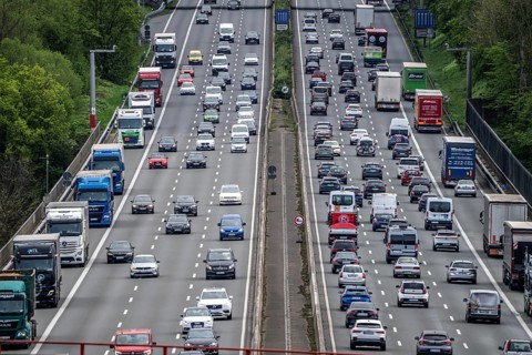 The A3 motorway, heavy traffic on 8 lanes, including the temporarily open hard shoulder, in front