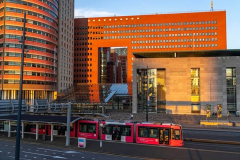 Courthouse, right, building of the public prosecutor's office, red, on Wilhelminaplein, on the