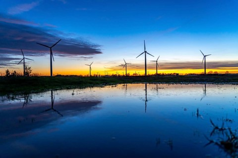 Wind farm near Holzweiler, town of Erkelenz, wind turbines, rain puddle, North Rhine-Westphalia,