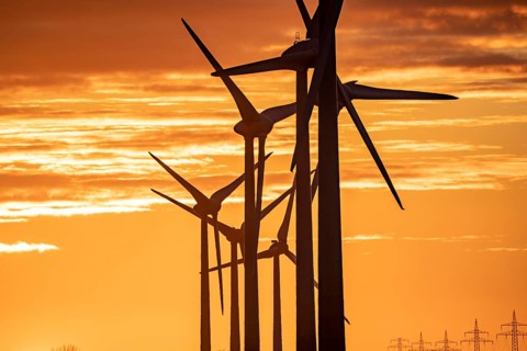 Wind farm near the East Frisian town of Norden, east of the town, sunset, Lower Saxony, Germany,