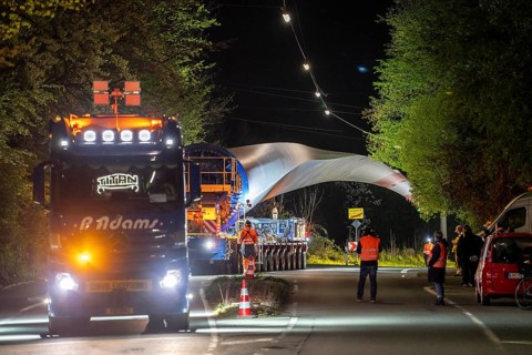 Transport of a 68 metre long, 22 tonne blade of a wind turbine, here in Schwelm, with a