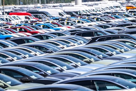 Storage area for new cars in the port of Vlissingen-Oost, vehicles are temporarily stored on over