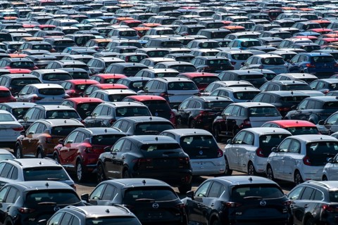Car terminal in the Logport I inland port, in Duisburg on the Rhine, vehicle handling of new cars,